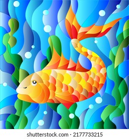 Illustration in stained glass style with gold fish on the background of water and algae