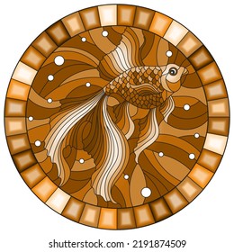 Illustration in stained glass style with gold fish on the background of water and air bubbles, oval image frame, tone brown