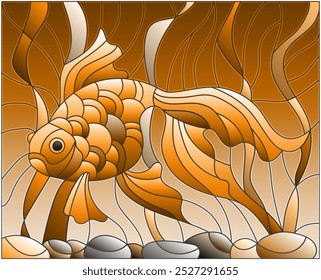 Ilustração em estilo de vidro manchado com peixes de ouro no fundo de água e algas, tom marrom