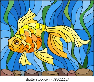 Illustration in stained glass style with gold fish on the background of water and algae