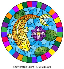 Illustration in stained glass style with a goldfish on a background of purple lotuses and water, round image in bright frame 