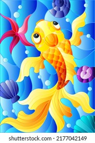 Illustration in stained glass style with a goldfish on a background of shells and water