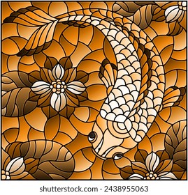 Illustration in stained glass style with a goldfish on a background of lotuses and water, tone brown