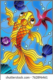 Illustration in stained glass style with a goldfish on a background of shells and water