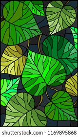 Illustration in stained glass style with green  leaves 
trees on a dark  background