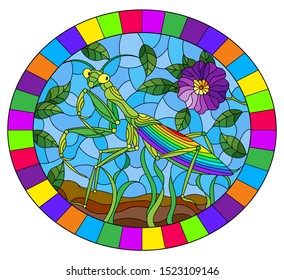 Illustration in stained glass style with green mantis and purple flower on grass and sky background, oval image in bright frame