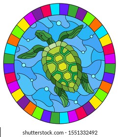 Illustration in stained glass style with green  sea turtle on a background of sea waves and air bubbles, oval image in a bright frame