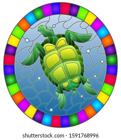 Illustration in stained glass style with green  sea turtle on a background of sea waves and air bubbles, oval image in a bright frame