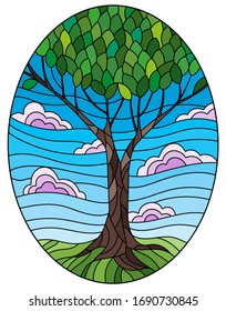 Illustration in stained glass style with green tree on sky background,oval image