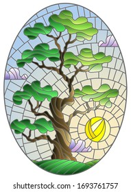 Illustration in stained glass style with green tree on sky background and sun, oval image