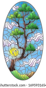 Illustration in stained glass style with green tree on sky background and sun, oval image