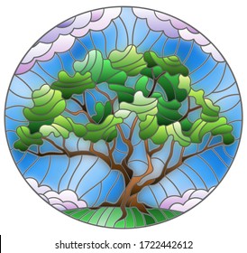 Illustration in stained glass style with green tree on sky background,oval image