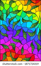 Illustration in stained glass style with green intertwined leaves on a bright rainbow background