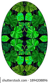 Illustration in stained glass style with green leaves of trees on a dark background, oval image