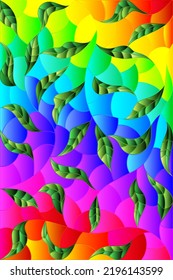 Illustration in stained glass style with green intertwined leaves on a bright rainbow background