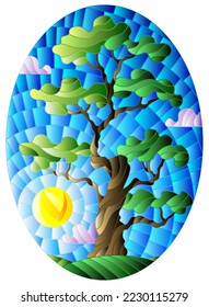 Illustration in stained glass style with green tree on sky background and sun, oval image