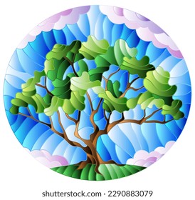 Illustration in stained glass style with green tree on sky background,oval image