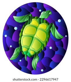 Illustration in stained glass style with green  sea turtle on a background of sea waves and air bubbles, oval image 