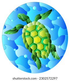 Illustration in stained glass style with green  sea turtle on a background of sea waves and air bubbles, oval image