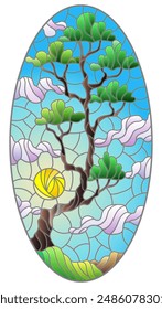 Ilustración en estilo vitral con árbol verde sobre fondo celeste y sol, Imagen ovalada