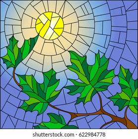 Illustration in stained glass style with green branches of maple tree on sky background and sun