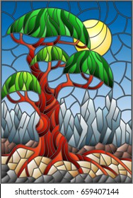 Illustration in stained glass style with green abstract tree on the background of sky, sun and mountains

