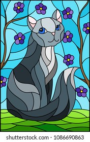 Illustration in stained glass style with grey cat against the sky and tree branches