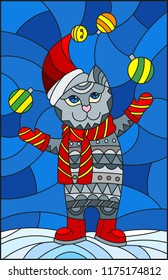 Illustration in stained glass style with grey funny cat in Santa hat juggling Christmas decorations on a background of snow and sky