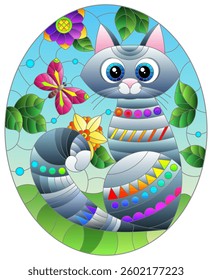 Illustration in stained glass style with a grey cute cat on a background of meadows, bright flowers and sky