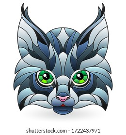 Illustration in stained glass style with the head of a wild lynx, isolated on a white background