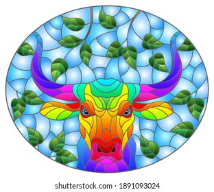Illustration in stained glass style with the head of a rainbow bull on a background of tree branches and blue sky, oval image