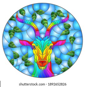 Illustration in stained glass style with the head of a rainbow goat on a background of tree branches and blue sky, oval image