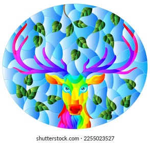 Illustration in stained glass style with the head of a rainbow deer on a background of tree branches and blue sky, oval image