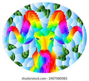 Illustration in stained glass style with the head of a rainbow ram on a background of tree branches and blue sky, oval image