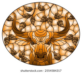 Illustration in stained glass style with the head of a bull on a background of tree branches and sky, oval image, tone brown