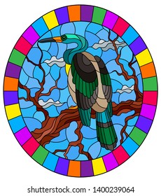 Illustration in stained glass style with a Heron bird sitting on a tree on a background of swamp and sky, oval image in bright frame