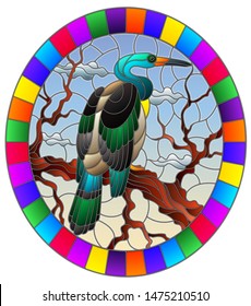 Illustration in stained glass style with a Heron bird sitting on a tree on a background of swamp and sky, oval image in bright frame