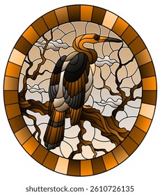 Illustration in stained glass style with a Heron bird sitting on a tree on a background of swamp and sky, oval image in frame, tone brown
