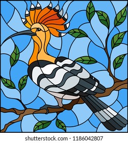 Illustration in stained glass style with hoopoe bird sitting on a tree branch against the sky