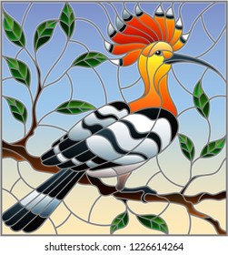 Illustration in stained glass style with hoopoe bird sitting on a tree branch against the sky