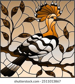 Illustration in stained glass style with hoopoe bird sitting on a tree branch against the sky, tone brown