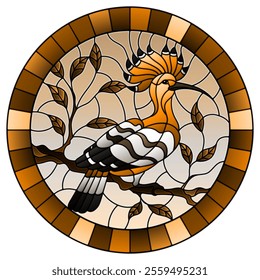 Illustration in stained glass style with hoopoe bird sitting on a tree branch against the sky, round image in frame,tone brown