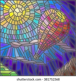 Illustration in stained glass style hot air balloon on sky background and sun 
