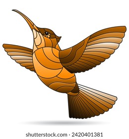 Illustration in the stained glass style of a Hummingbird bird, isolated on a white background, tone brown