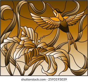 Illustration in stained glass style with Hummingbird against the sky, foliage and flower of Lily, tone brown