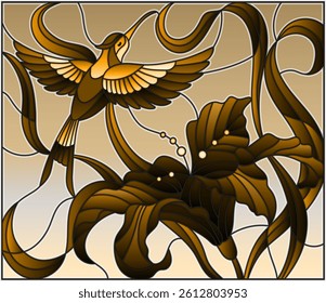 Illustration in stained glass style with Hummingbird bird against the sky, foliage and flower of Lily, tone brown