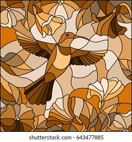 Illustration in stained glass style with Hummingbird on background of the sky, greenery and flowers