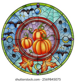 Illustration in stained glass style. Image of halloween stained glass vector-style , bats, spiders and pumpkins