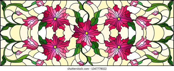 Illustration in stained glass style with intertwined pink flowers and leaves on yellow background, horizontal orientation