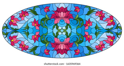 Illustration in stained glass style with intertwined pink flowers and leaves on blue background, horizontal orientation,oval image